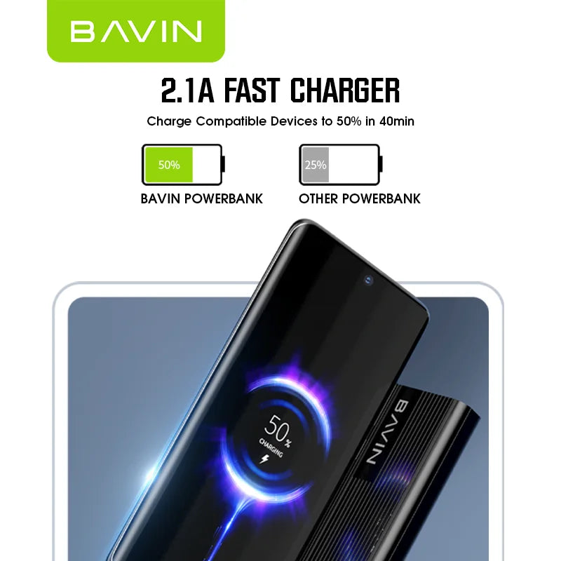 LED باور بانك BAVIN 10,000 mA، تصميم نحيف وعصري، بشاشة