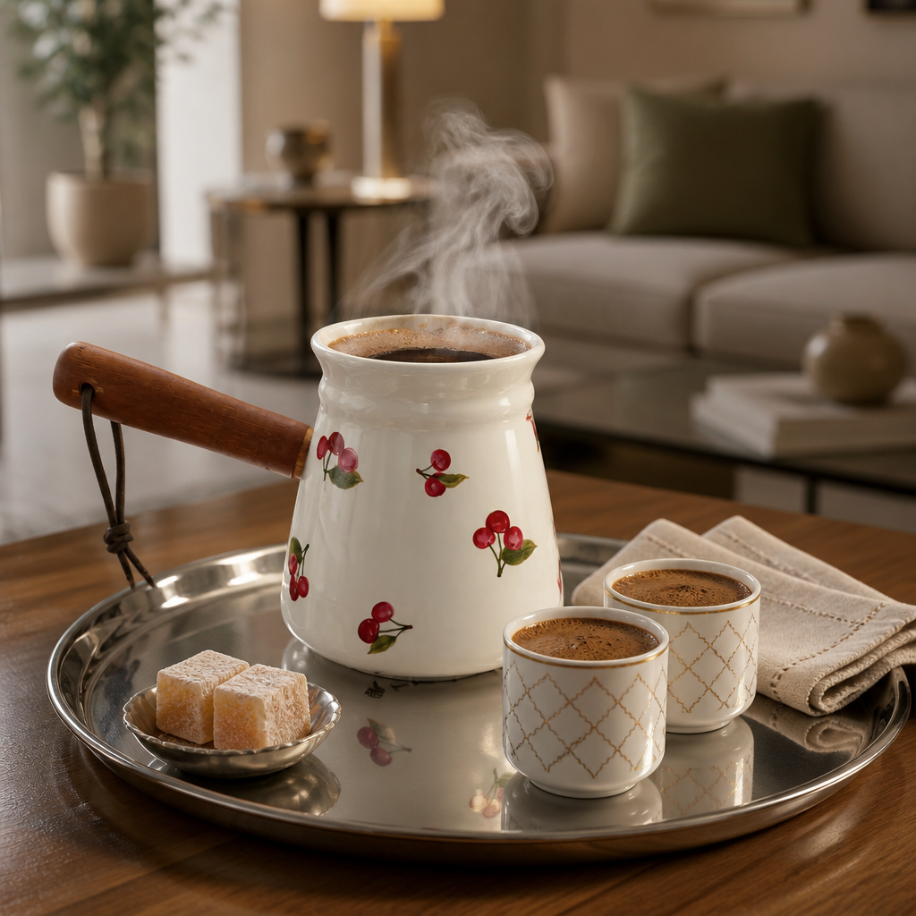 ركوة سيراميك بمقبض خشبي – تصميم الكرز الأنيق لتحضير القهوة التركية والحليب