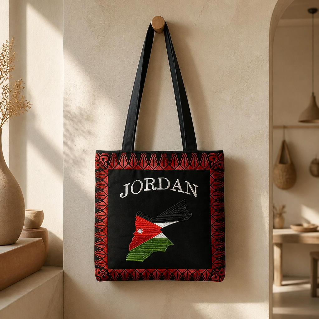 شنطة قماش مطرزة بتصميم التراث الاردني