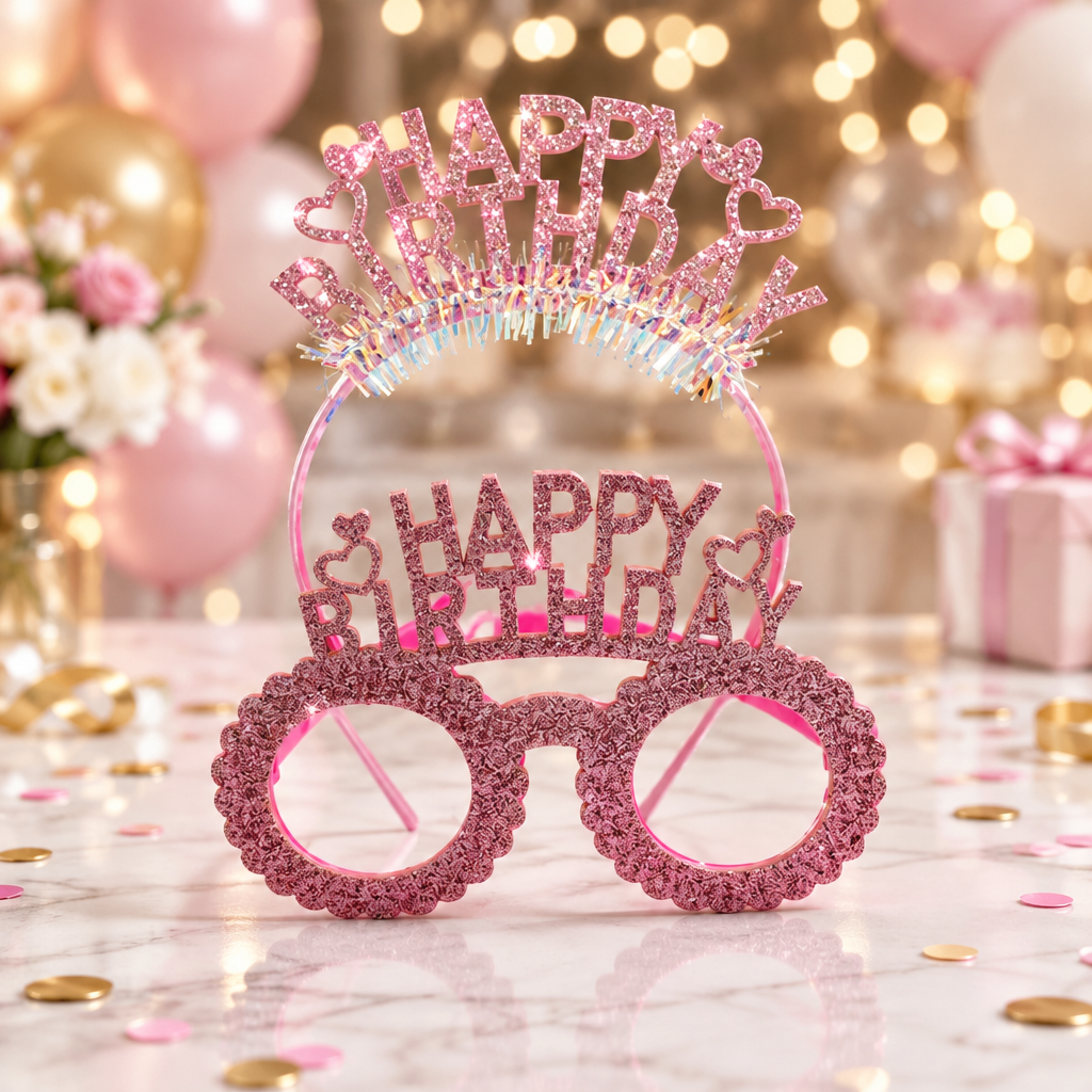 نظارة حفلات لامعة مع تاج «Happy Birthday» – وردي