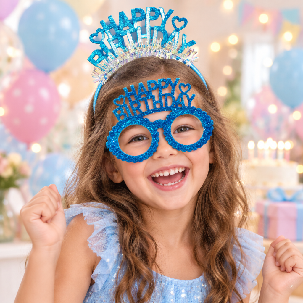نظارة حفلات لامعة مع تاج «Happy Birthday» – ازرق