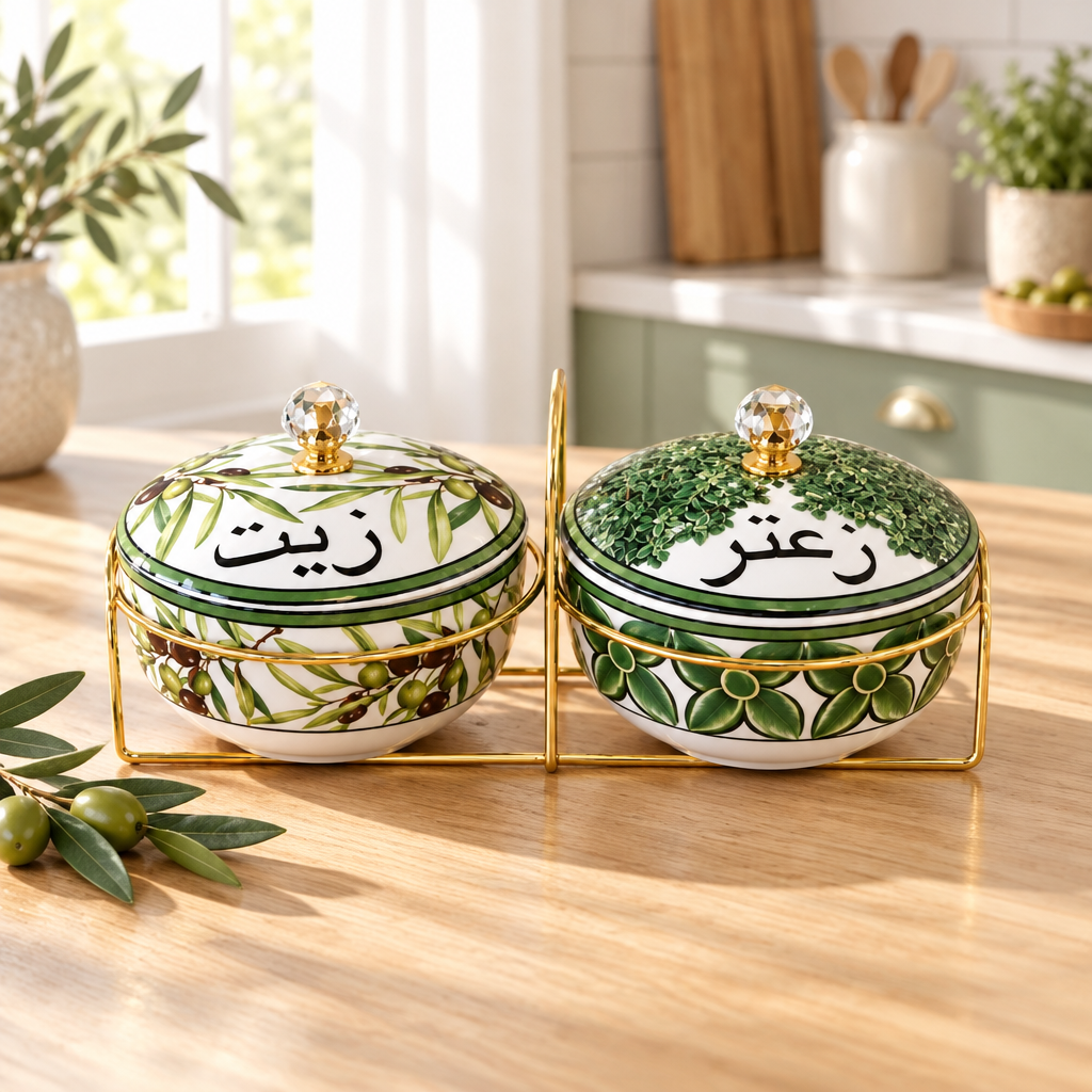 طقم علب سيراميك للزيت والزعتر مع حامل ذهبي