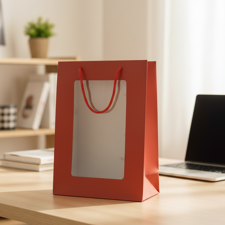 كيس هدايا كرافت ورقي بوجه شفاف