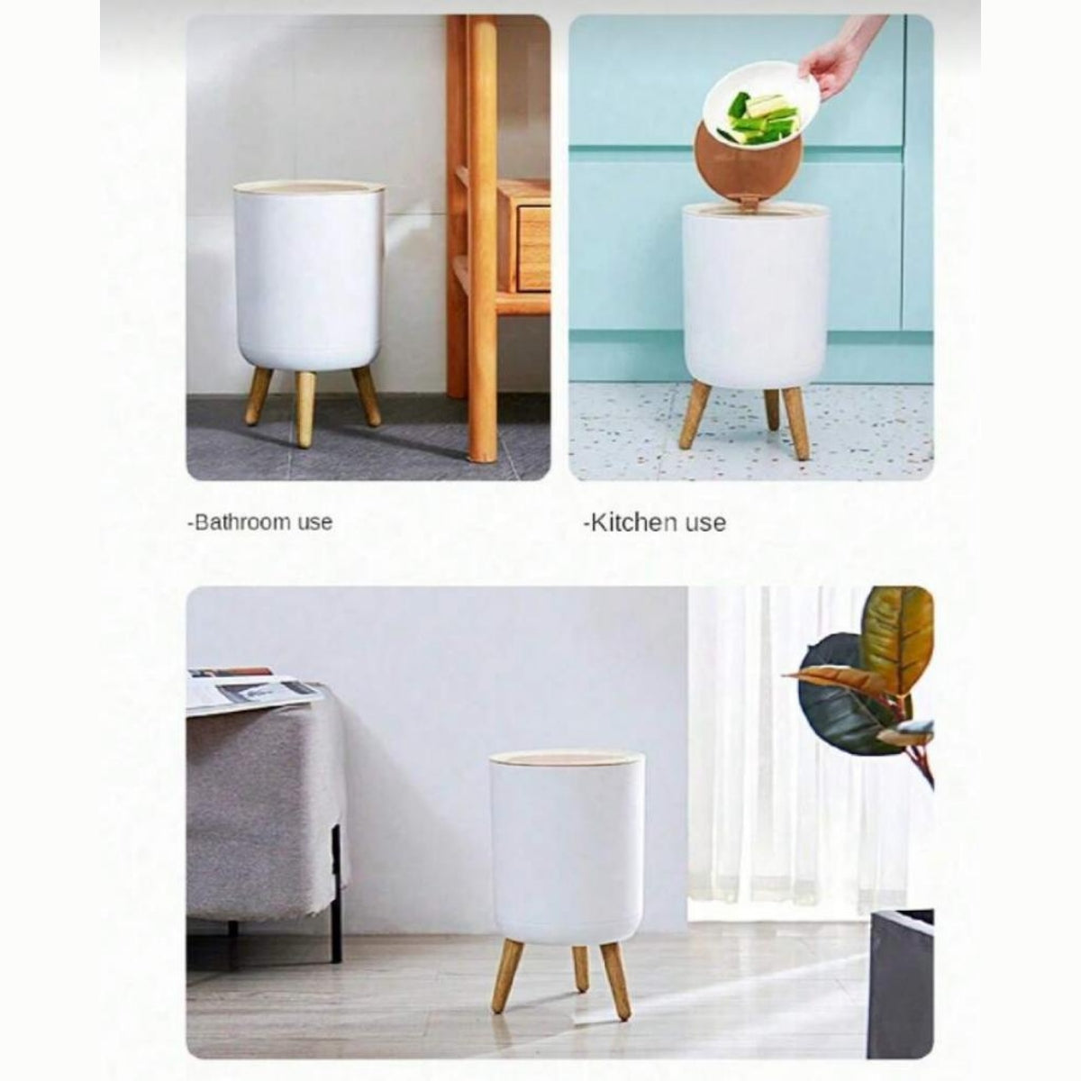 سلة نفايات عصرية بغطاء يعمل بالضغط وأرجل خشبية