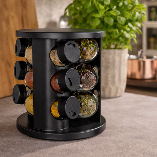 حامل بهارات دوّار مع 9 علب زجاجيه