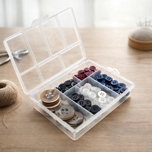 علبة أزرار خياطة متعددة الألوان والاحجام مع منظم