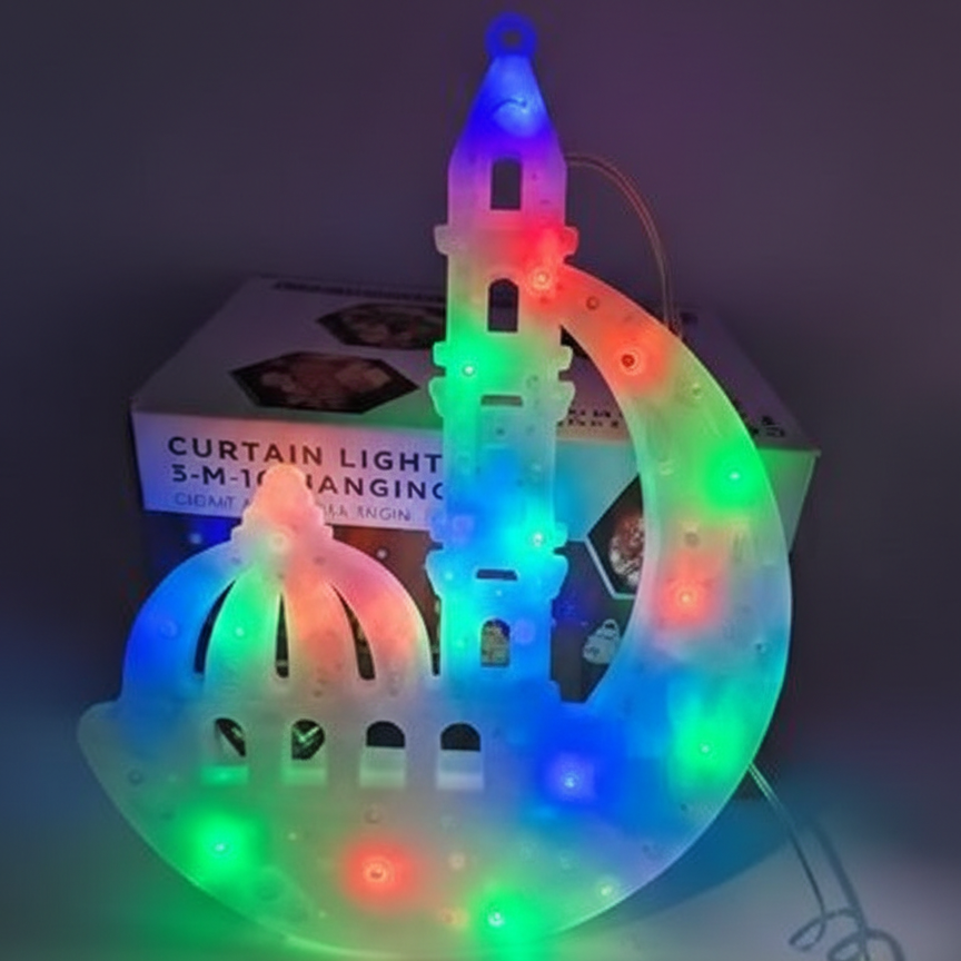 فانوس رمضان مضيء بتصميم الهلال والمسجد - حجم كبير 🌙🕌