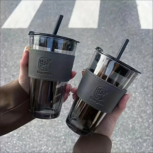 كاسة مشروبات زجاجيه انيقه مع عطا ومصاصه وكفر جلدي