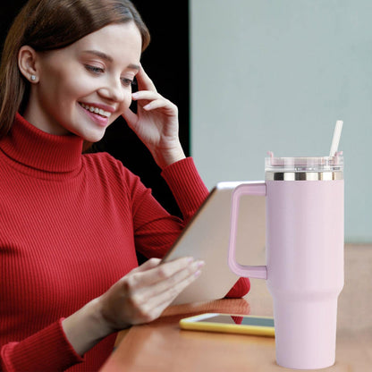 كوب حراري كبير من الستانلس ستيل مع مقبض ومصاصة – كوب سفر معزول مزدوج الجدار