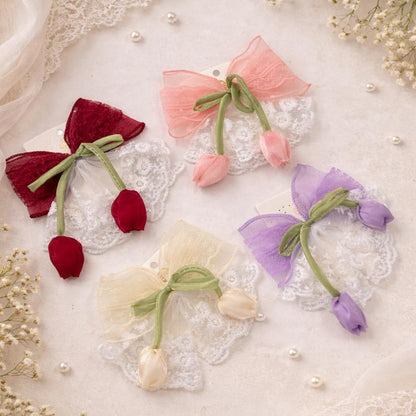 مشبك شعر فيونكة دانتيل مع وردة توليب(عدد١)