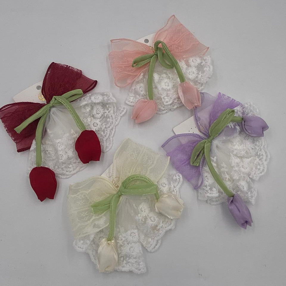 مشبك شعر فيونكة دانتيل مع وردة توليب(عدد١)