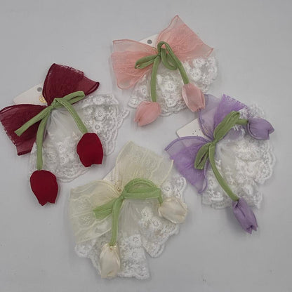 مشبك شعر فيونكة دانتيل مع وردة توليب(عدد١)