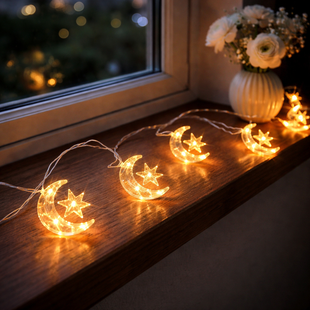 حبل إضاءة ٣ متر  LED بتصميم "هلال ونجمة" حجم وسط (6نجمات)