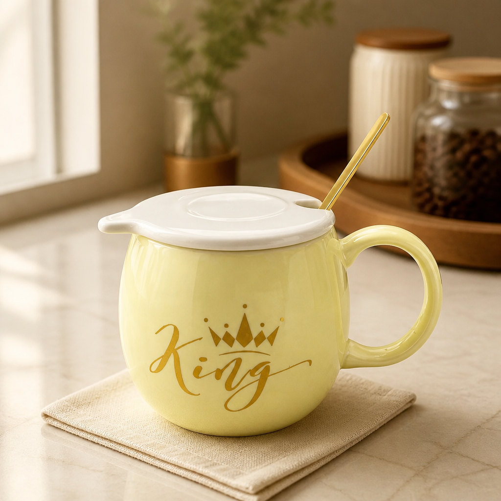 كوب سيراميك “King” بغطاء وملعقة ذهبية