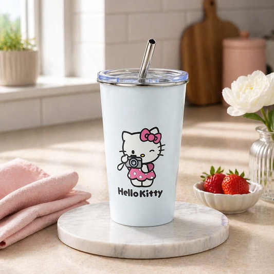 كوب سحري ستانلس ستيل مع غطاء ومصاصه - تصميم هيلو كيتي