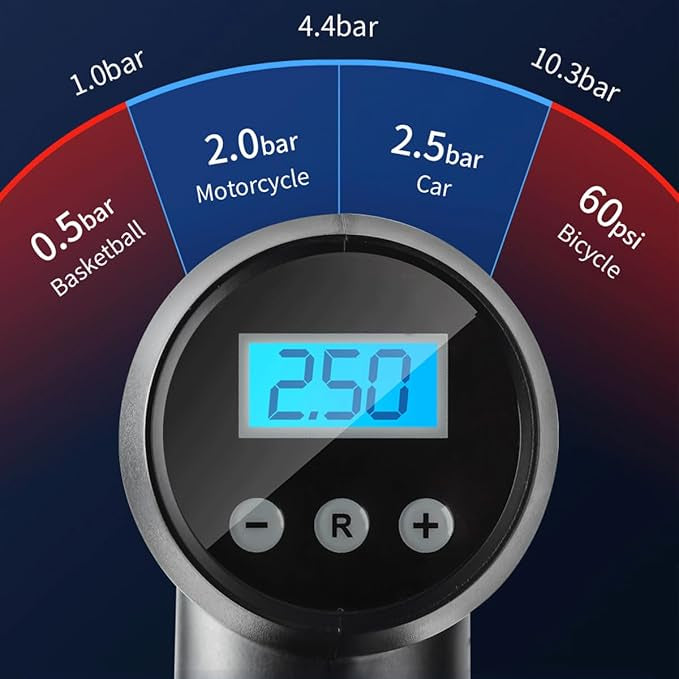 منفاخ هواء محمول للإطارات – 12 فولت مع مقياس ضغط رقمي وضوء LED للطوارئ