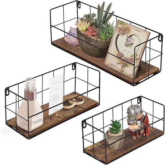 طقم رفوف حائط عائمة بطابع ريفي مع شبكة معدنية سوداء – 3 قطع