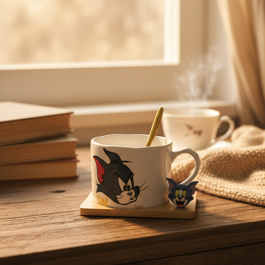 طقم كوب قهوةبتصميم شخصية توم (Tom) مع قاعدة خشبية وملعقة