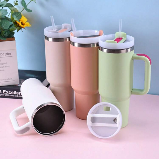 كوب حراري كبير من الستانلس ستيل مع مقبض ومصاصة – كوب سفر معزول مزدوج الجدار