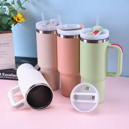 كوب حراري كبير من الستانلس ستيل مع مقبض ومصاصة – كوب سفر معزول مزدوج الجدار