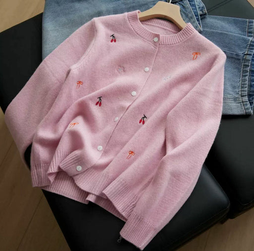 كارديجان صوفي نسائي مطرز بالكرز والأزهار