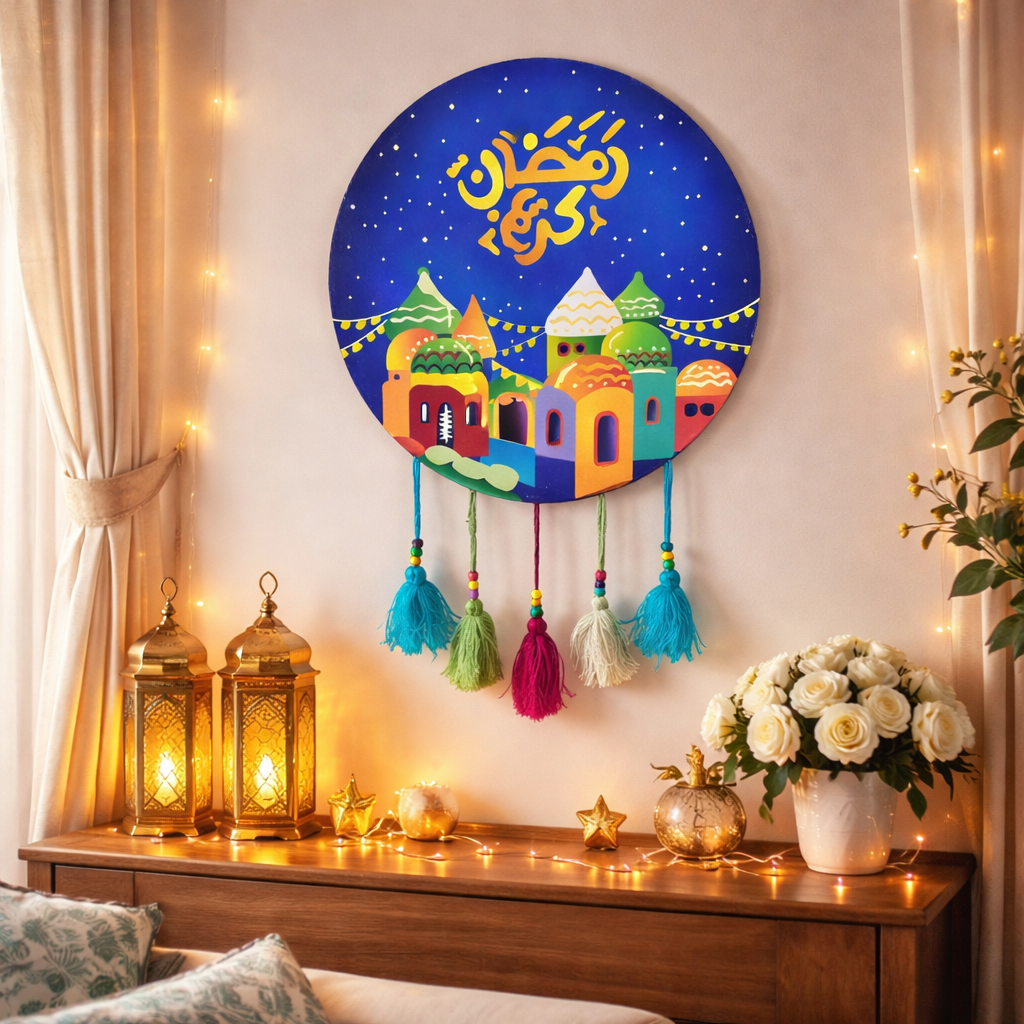 تعليقة رمضان كريم(دف) خشبيه جدارية مزخرفة بشرّابات