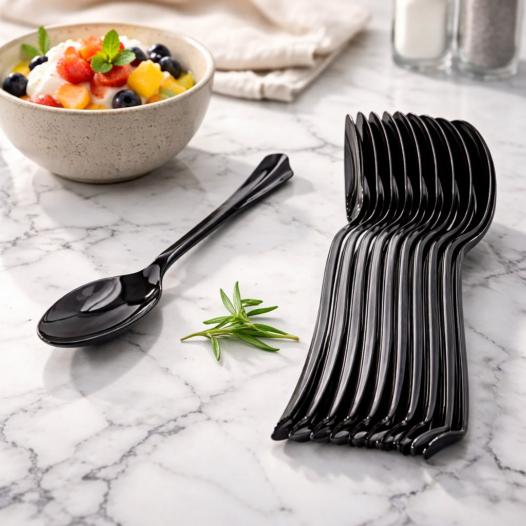 طقم ملاعق بلاستيك لون اسود (١٢ معلقة)