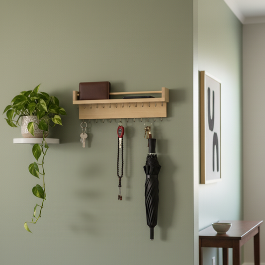 حامل مفاتيح خشبي ثقيل مع رف تخزين