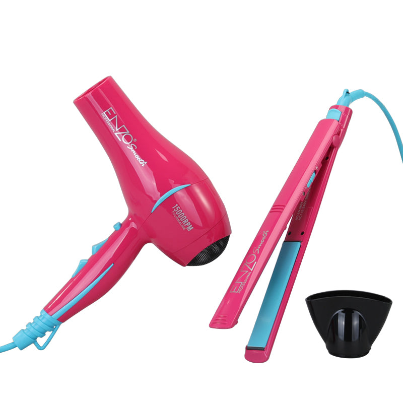 بكج سشوار ومكواة شعر ENZO الوردي