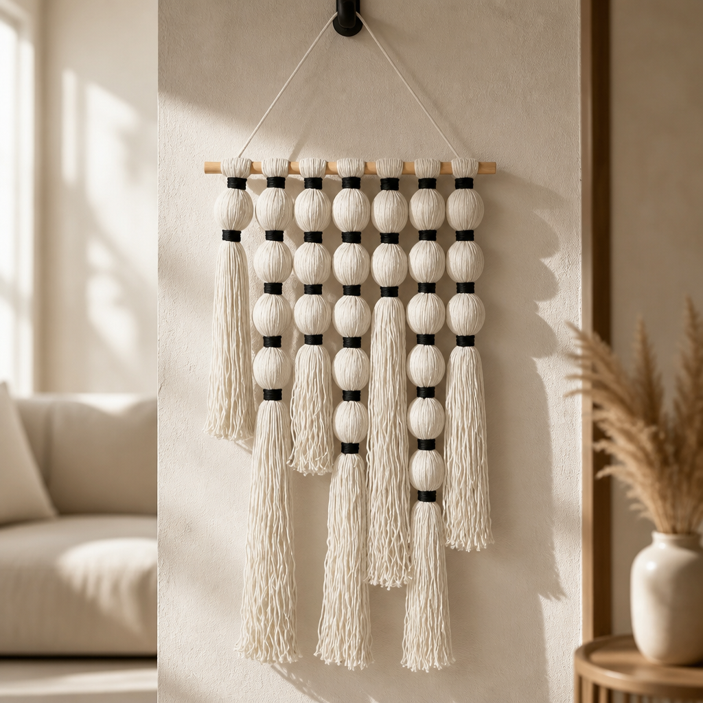 ديكور حائط ماكراميه يدوي بتصميم بوهو – تعليق جداري بخيوط قطنية