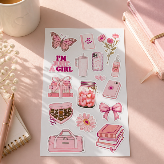 ورقة ملصقات بينك جيرل – Pink Girl Sticker Sheet 🌸