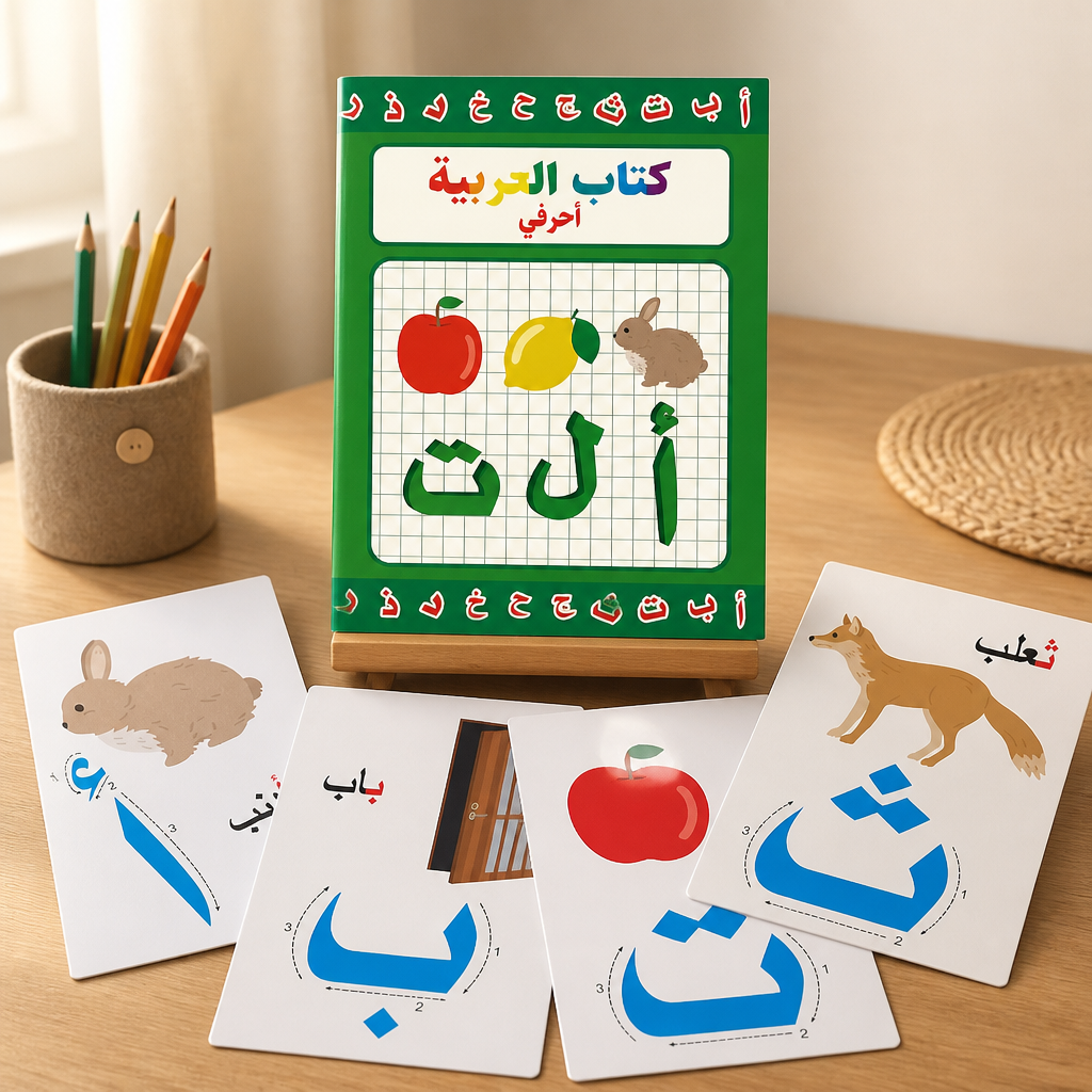 كتاب الحروف العربية التعليمي مع بطاقات التتبع والكتابة للأطفال