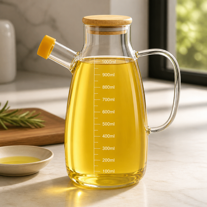 ابريق زجاج للزيت والخل مع غطاء خشبي – سعة 1 لتر