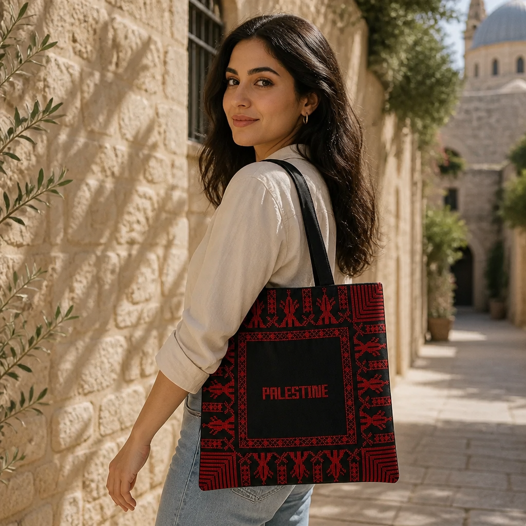 شنطة قماش مطرزة بعبارة فلسطين