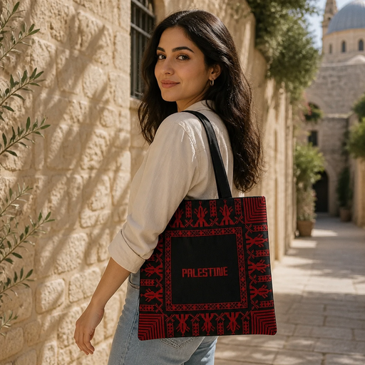 شنطة قماش مطرزة بعبارة فلسطين