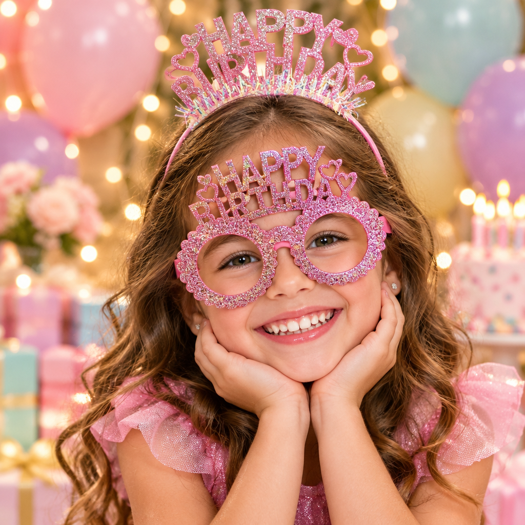 نظارة حفلات لامعة مع تاج «Happy Birthday» – وردي