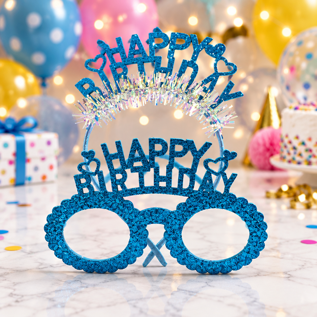 نظارة حفلات لامعة مع تاج «Happy Birthday» – ازرق