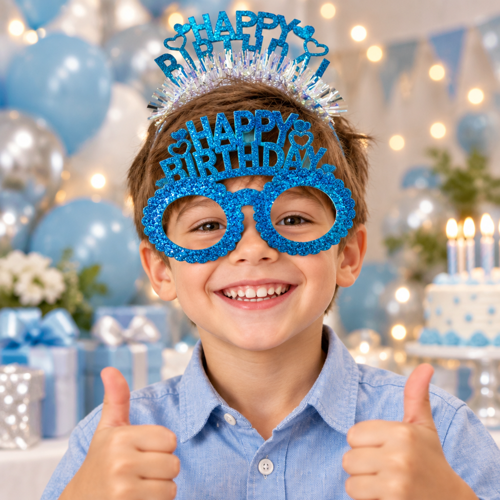 نظارة حفلات لامعة مع تاج «Happy Birthday» – ازرق