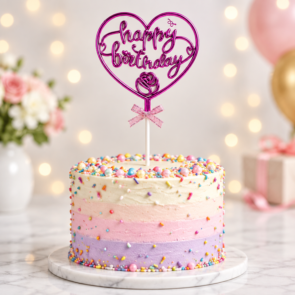 توبّر كيك عيد ميلاد Happy Birthday بتصميم قلب