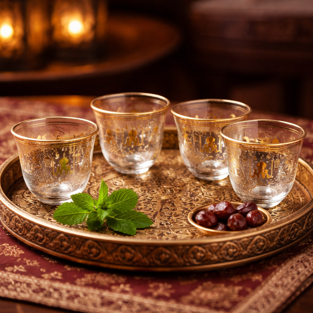 طقم فناجين سادة شفافه مذهبة بتصميم رمضاني (عدد6 فناجين)