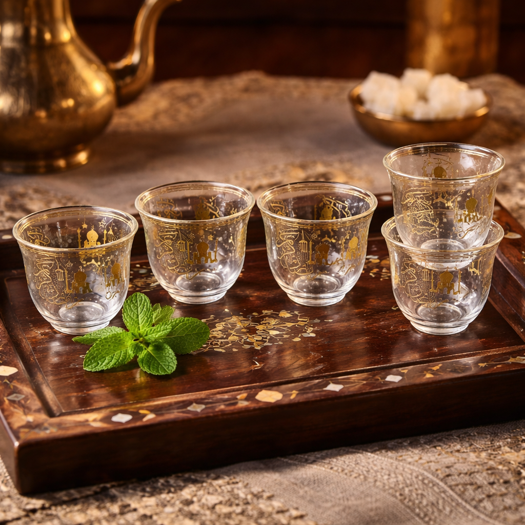 طقم فناجين سادة شفافه مذهبة بتصميم رمضاني (عدد6 فناجين)