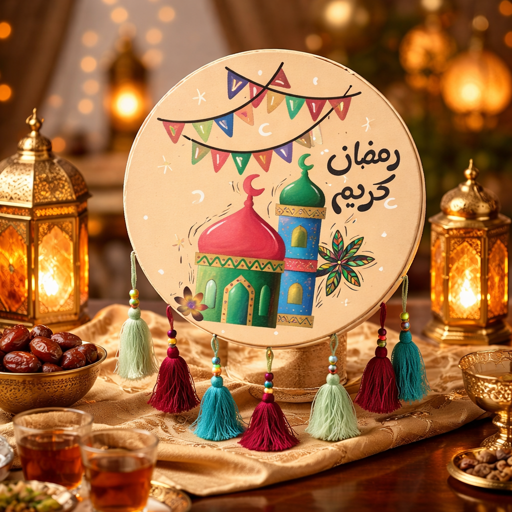 تعليقة رمضان كريم(دف) خشبيه جدارية مزخرفة بشرّابات