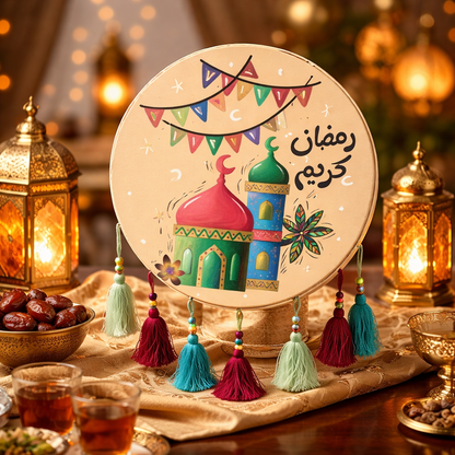 تعليقة رمضان كريم(دف) خشبيه جدارية مزخرفة بشرّابات