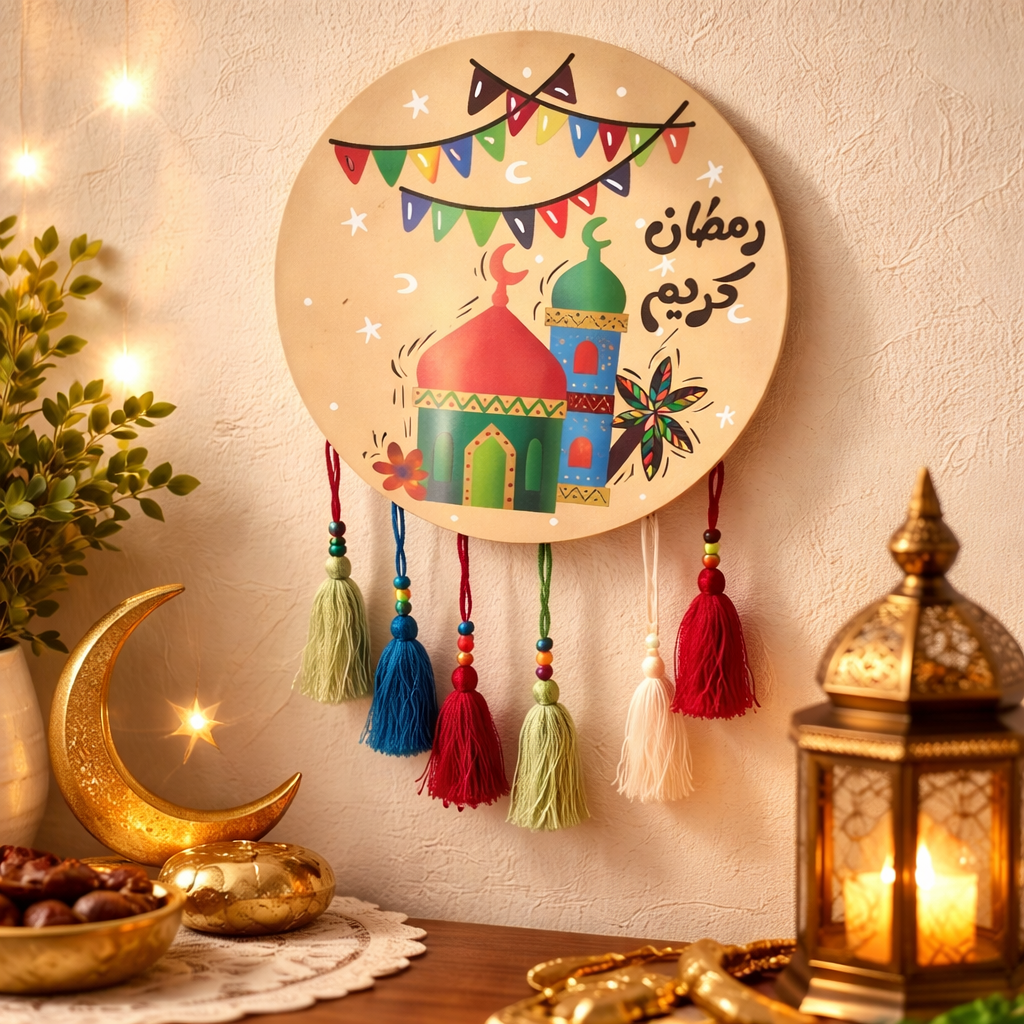 تعليقة رمضان كريم(دف) خشبيه جدارية مزخرفة بشرّابات