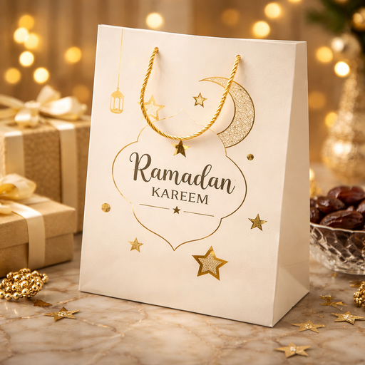 كيس هدايا رمضان ورقي فاخر – لون ذهبي - قياس كبير