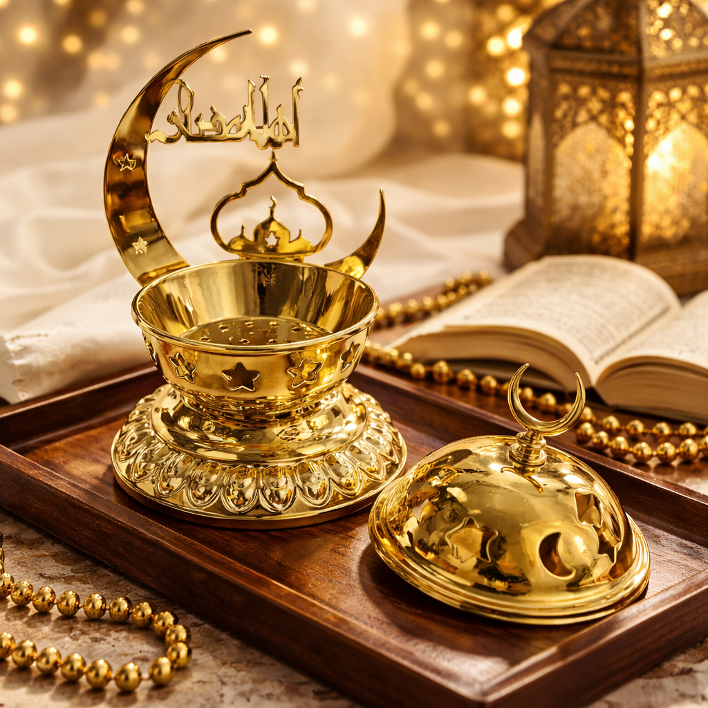 مبخرة رمضانية معدنيه مذهبة بتصميم رمضاني