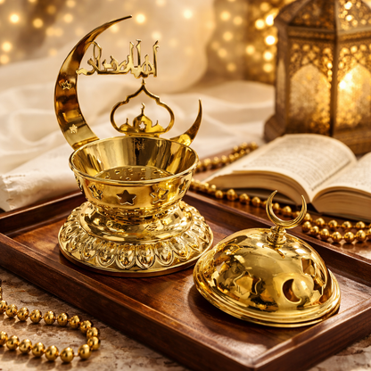 مبخرة رمضانية معدنيه مذهبة بتصميم رمضاني