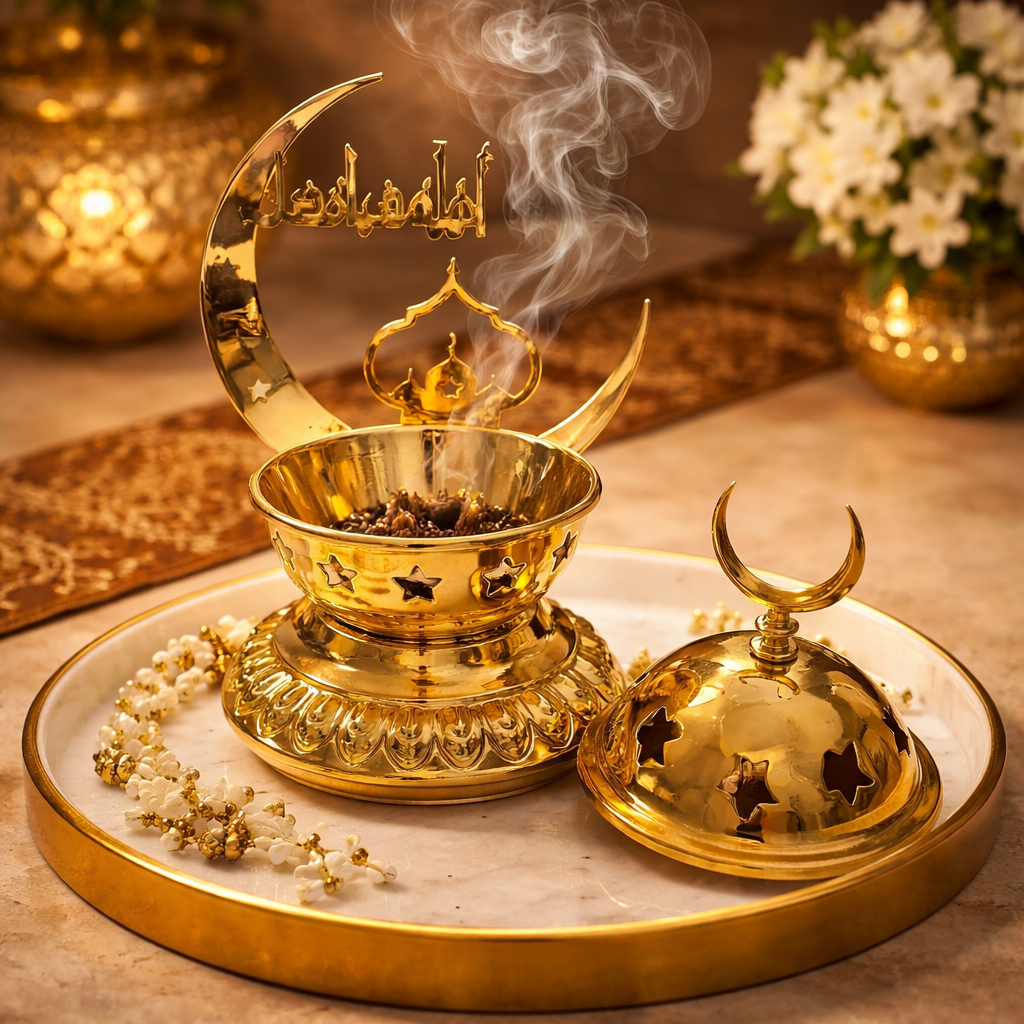 مبخرة رمضانية معدنيه مذهبة بتصميم رمضاني