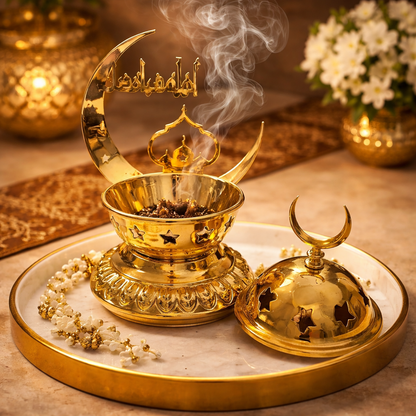 مبخرة رمضانية معدنيه مذهبة بتصميم رمضاني
