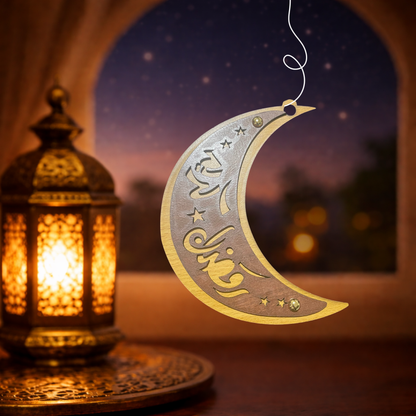 تعليقة خشبيه بتصميم هلال رمضان